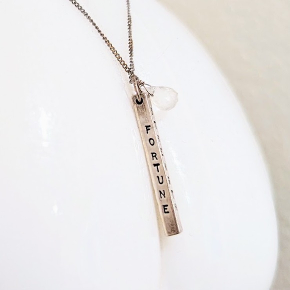 Sterling Silver & Quartz Rectangular Bar Inspirational Vertical Pendant Necklace - Picture 6 of 14